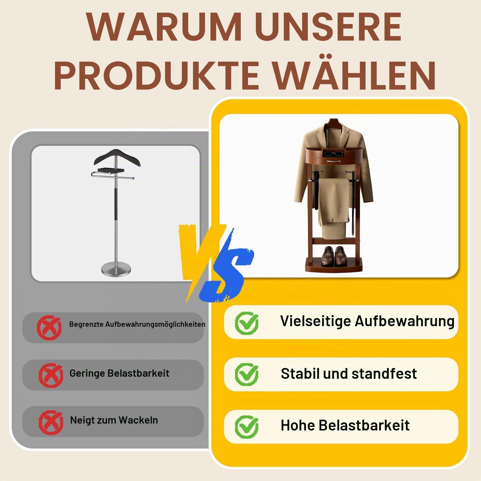 Wood Herrendiener für Herren, Stummer Diener Modern mit Schublade und Ablage, Bodenstehender Kleiderständer, Klamotten Ständer für Schlafzimmer, Eingangsbereich, Flur