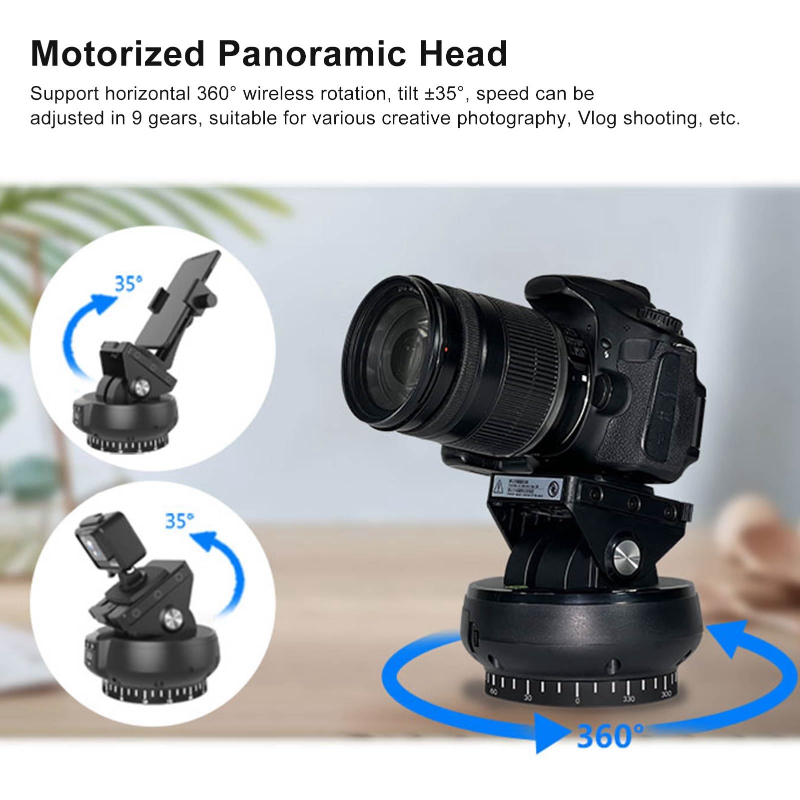KIMISS Cabezal Panorámico Motorizado, 2 Trípodes Panorámicos 4G Control Remoto Trípodes Monopiés 100 M 360 Grados para Teléfono Móvil Rotación de Cámara ±35 9 Engranajes Velocidad Ajustable