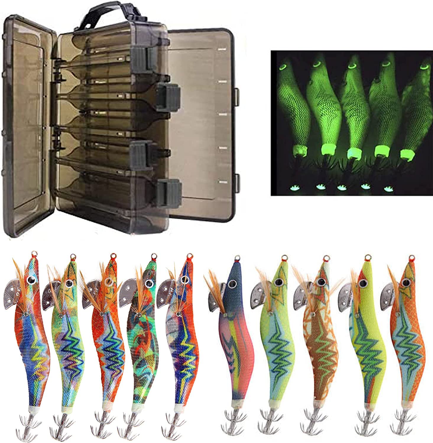 Esche da pesca per calamari esche luminose per gamberetti esche da pesca gancio Esche artificiali con doppia scatola di plastica, 10 Pezzi