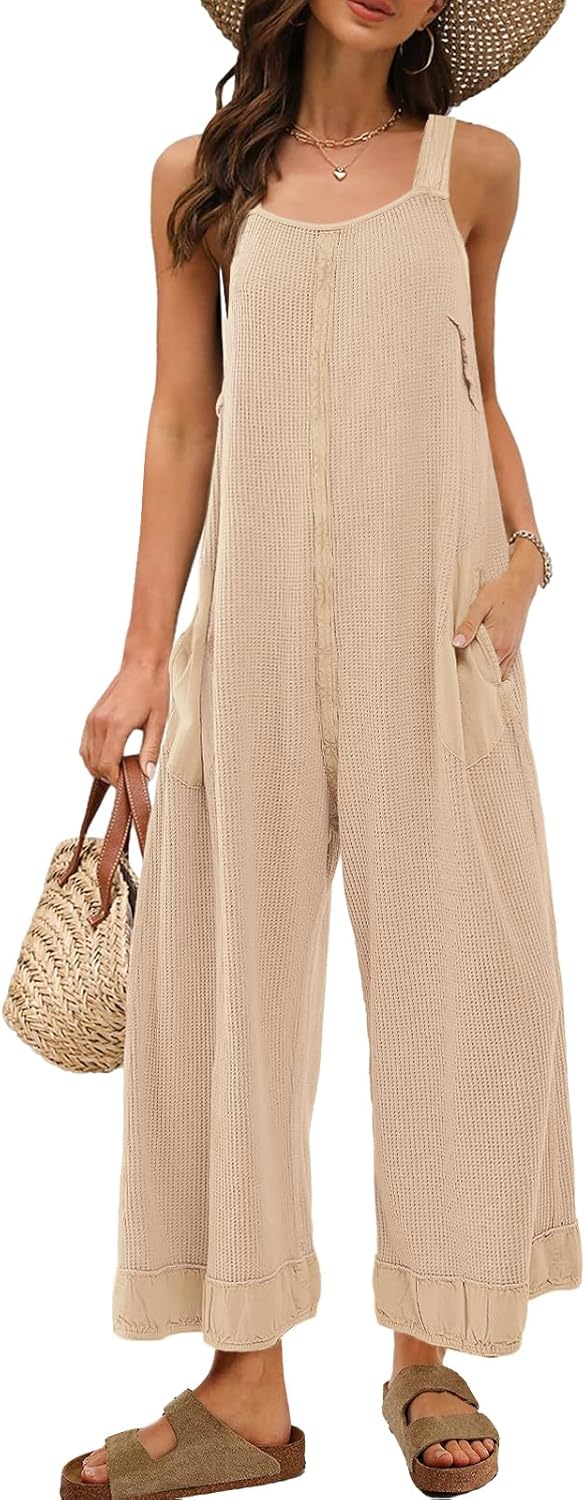 Panadila Womens Waffle Knit Jumpsuit Casual Wide Leg Jumpsuits Oversized Long Rompers Open Back Loose Overalls