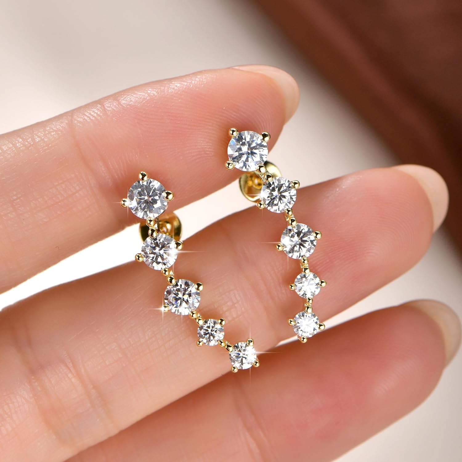 Moissanite Crawler Stud Earrings for Women, 14K Gold Plated Imitation Diamond 2.4 Carats Earrings Jewelry Valentine Anniversary Day Birthday Gifts for Her