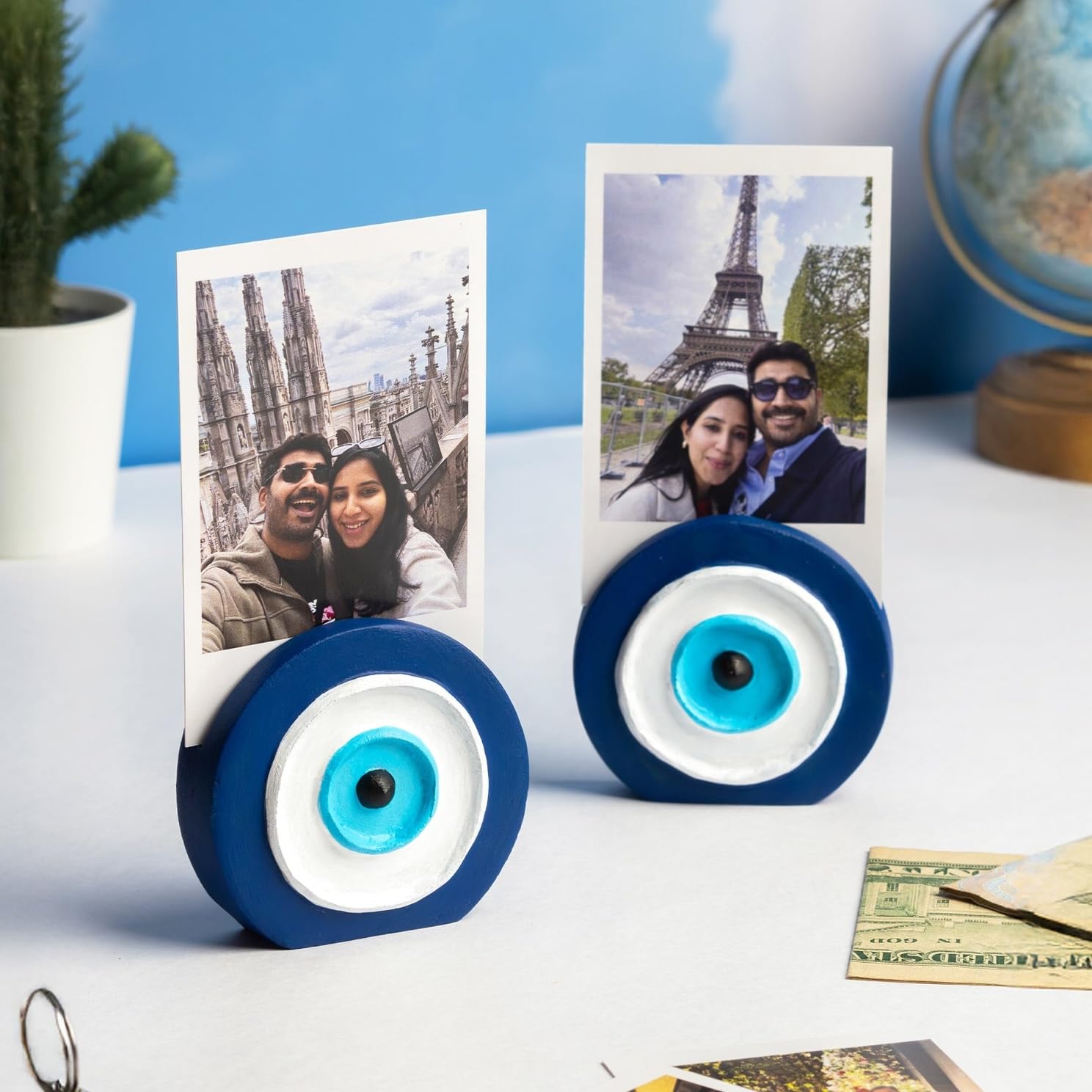 Mood Society Evil Eye Handmade Multicolour Clay Photo Holder Set of 2, Perfect for Gifting and Decorating Desks, Shelves, and Rooms 1