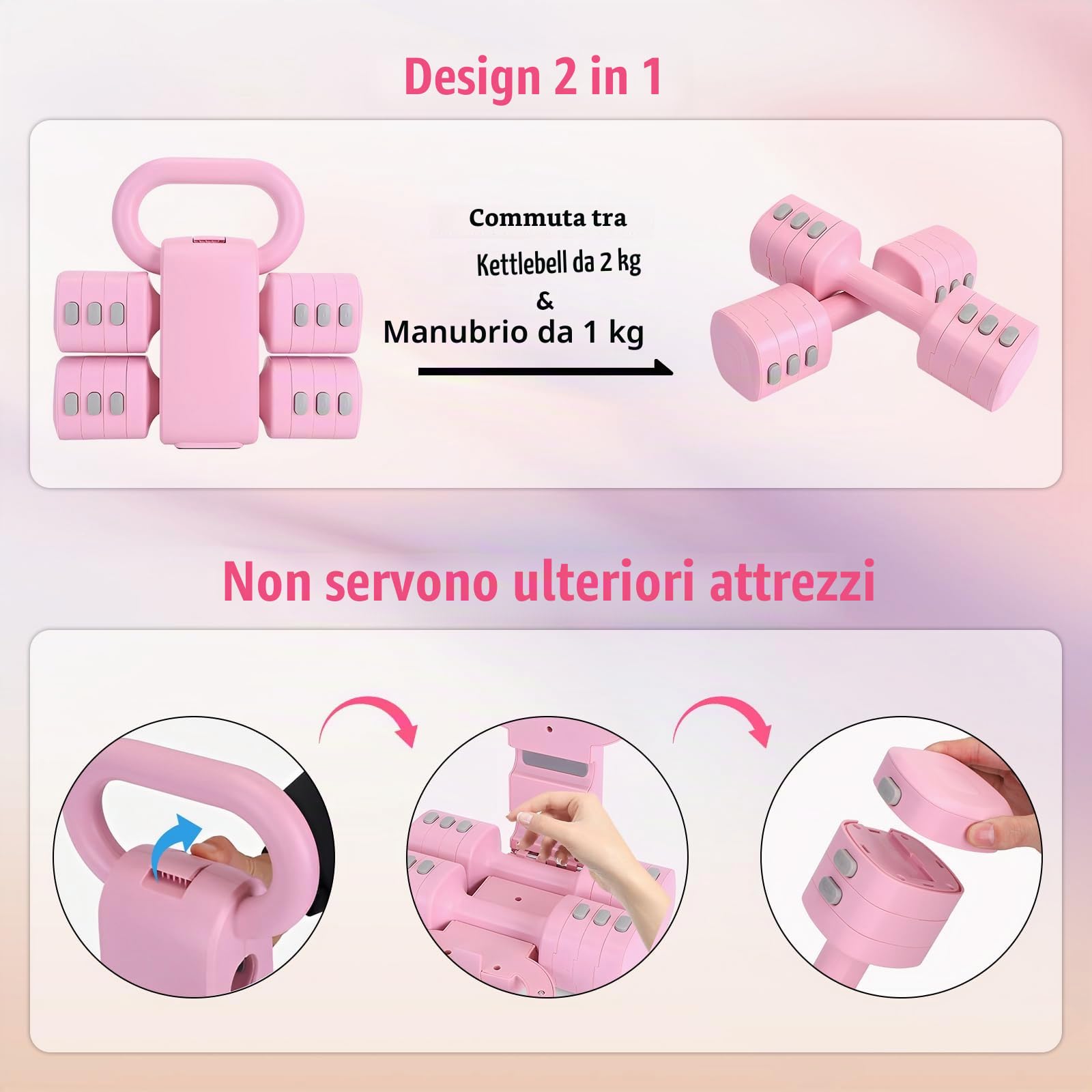Set Kettlebell Regolabile, Pesetti Manubri Palestra per Donne, (2 in 1) Rosa Kettlebell Pesi Regolabili Manubri 1 kg per Donne – Kit Palestra Casa e Allenamento