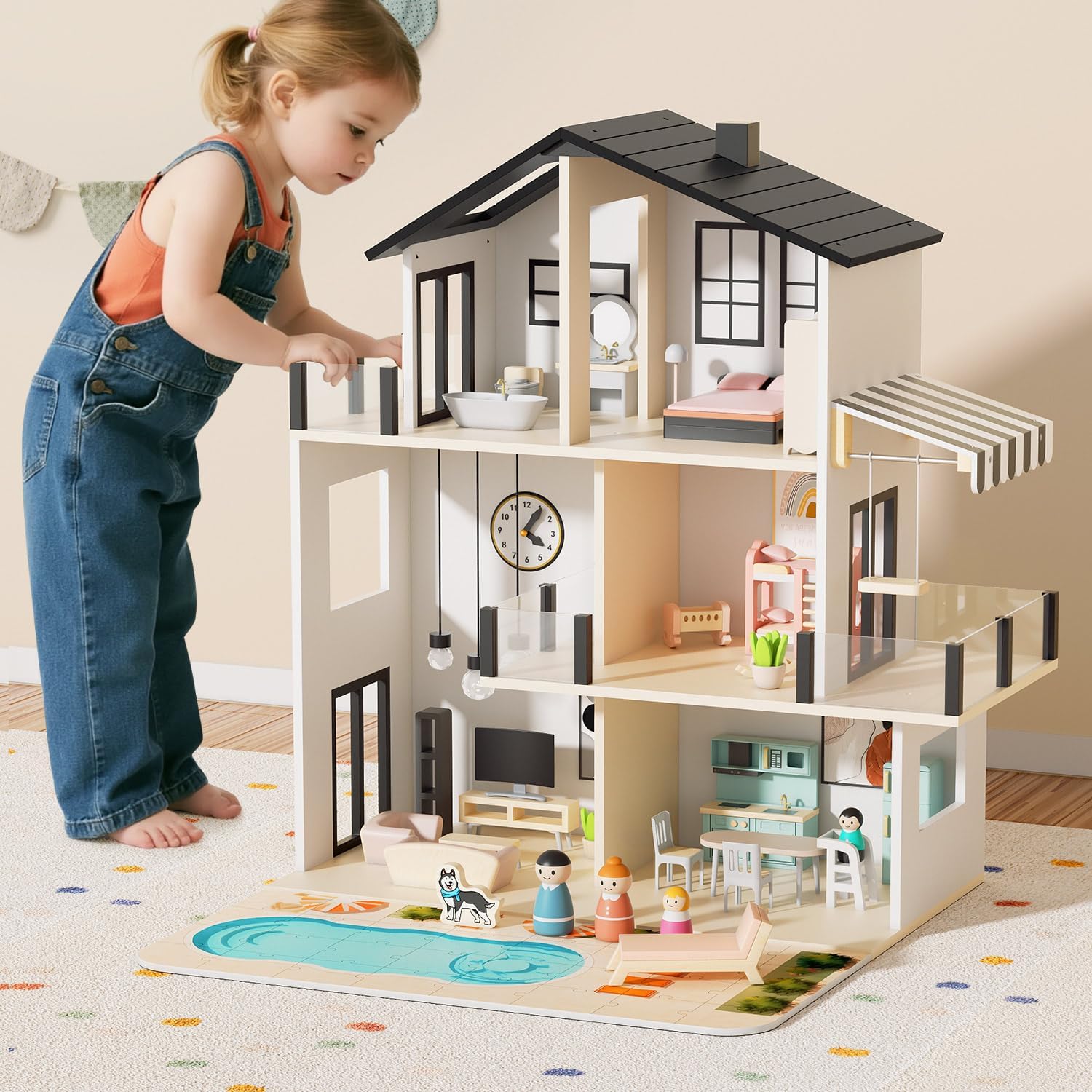 BIERUM Wooden Dollhouse, Large Modern Doll House with 44Pcs Furniture Accessories, Dolls & Pets, DIY Puzzle Pool Yard, Wood Dollhouse Toy for Toddlers 3+, Ideal Gift for Boys and Girls (Black)