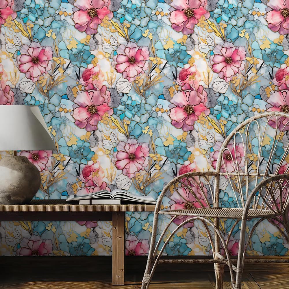 REDAMANCY Pink Blue Flower Marble Flower Abstract Peel and Stick Wallpaper Modern Cute Wall Paper Stick on Contact Paper Easy Peel Off for Bedroom nightstand Drawer Renter Friendly 17.7"x236"