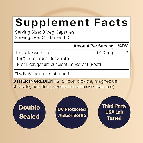 Miniatura 3 de NatureBell Suplemento de resveratrol de 1000 mg por porción, 180 cápsulas vegetales, trans-resveratrol 99% puro, antioxidante para un envejecimiento