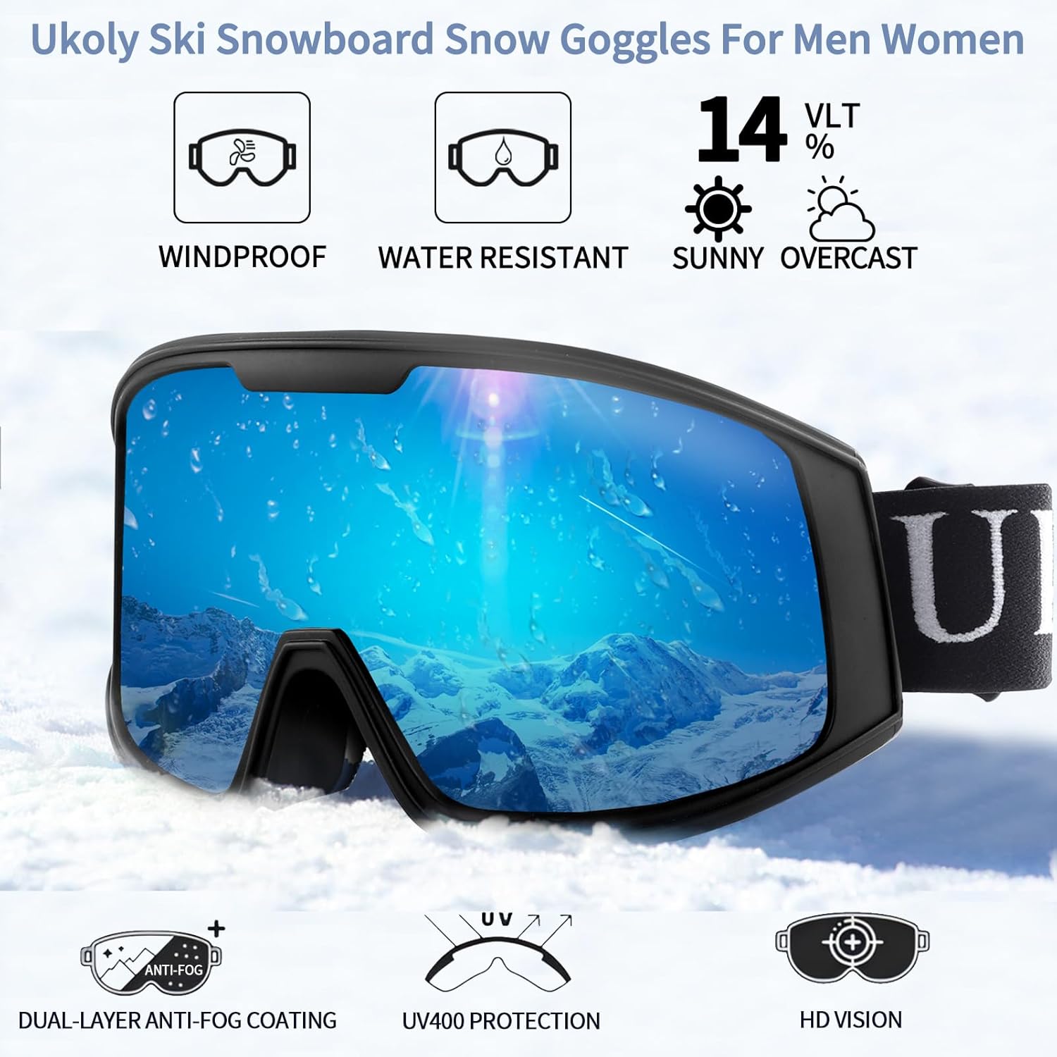 Ukoly Ski/Snowboard Goggles for Men Women, Snow Goggles HD Lens Anti-Fog Coating OTG Design UV400 Protection Windproof