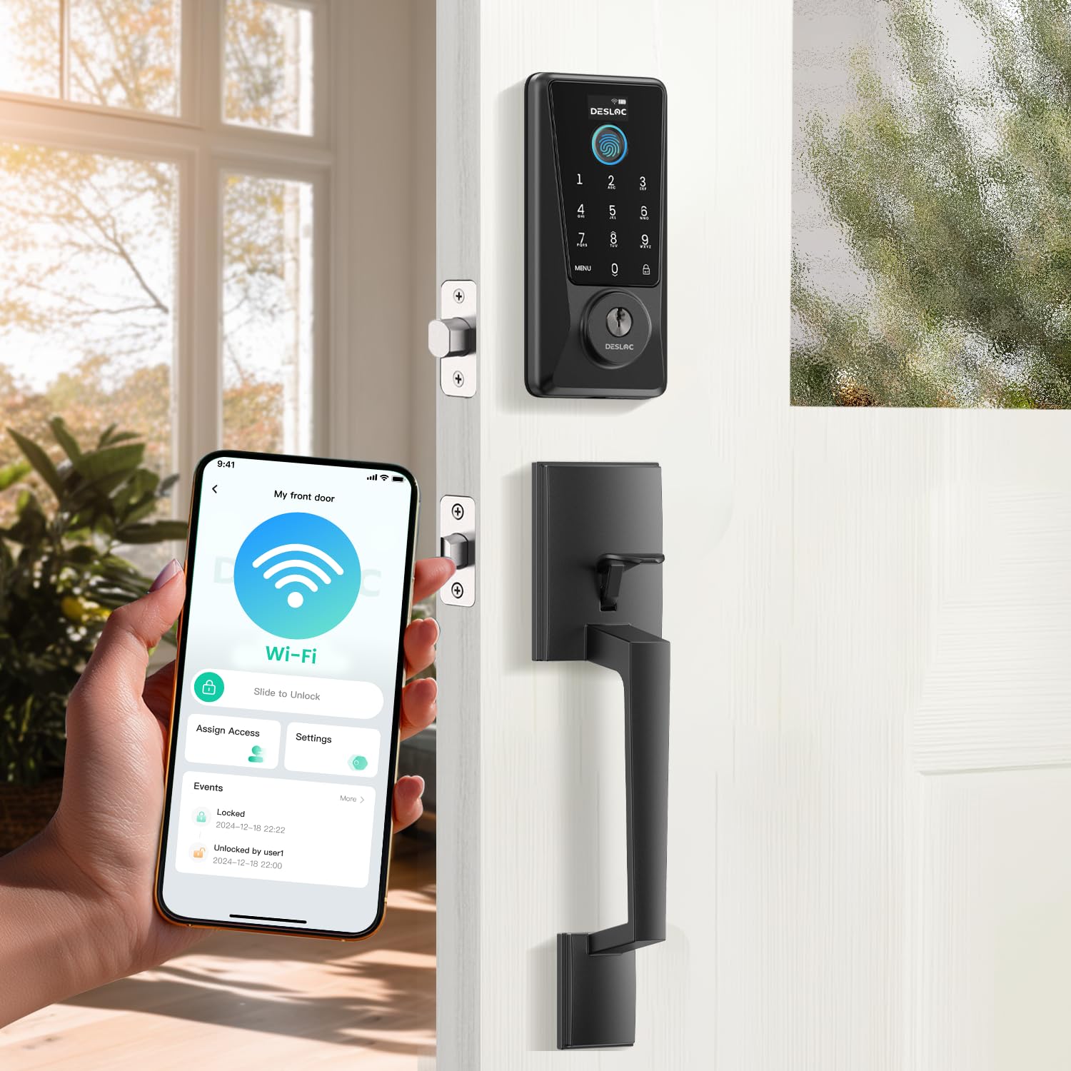 DESLOC Fingerprint Smart Lock with Handle Set, Built-in WiFi, APP Remote