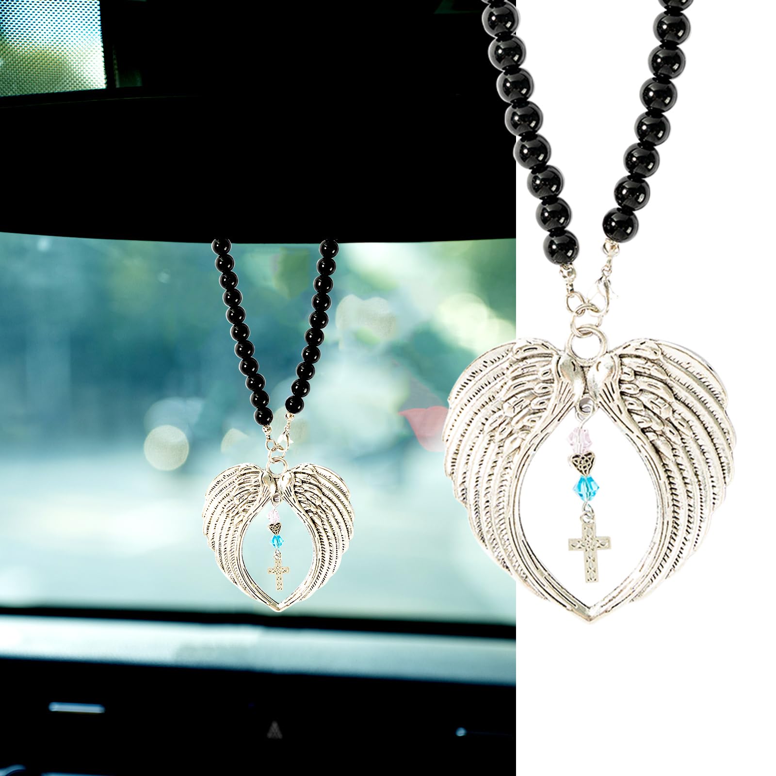 Rislobx Cross Wings Angel Cross Car Charm, Rear View Mirror Hanging Ornament, Metal Angel Wings Cross Pendant Car Mirror Hanger Decor For Lover Family Christian Gifts