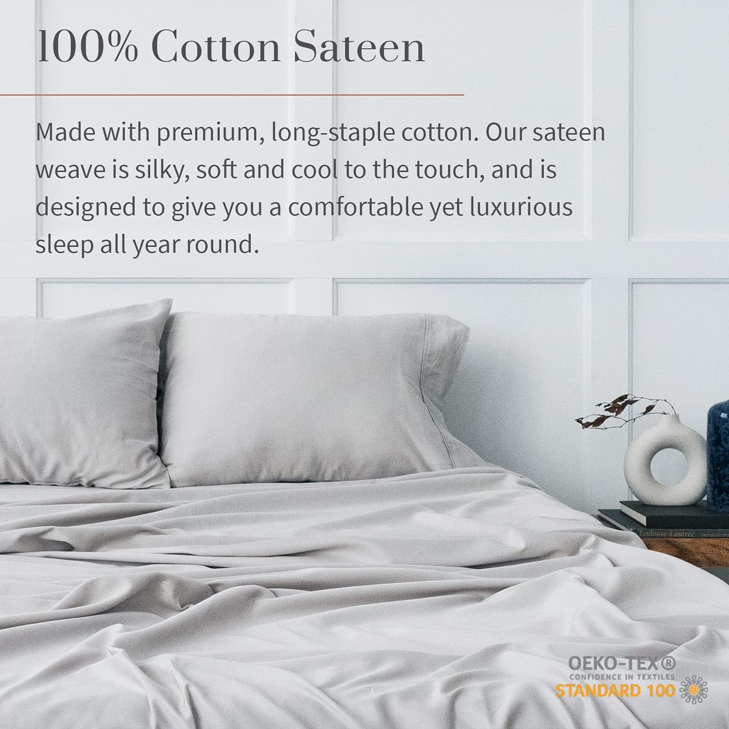 Everspread 300 Thread Count Cotton Bed Sheets (4 Piece Sheet Set) - King Size, Light Gray. 100% Natural Long Staple Cotton Bedding, Ultra-Soft & Silky Sateen Weave. Fits Mattress up to 16 inches