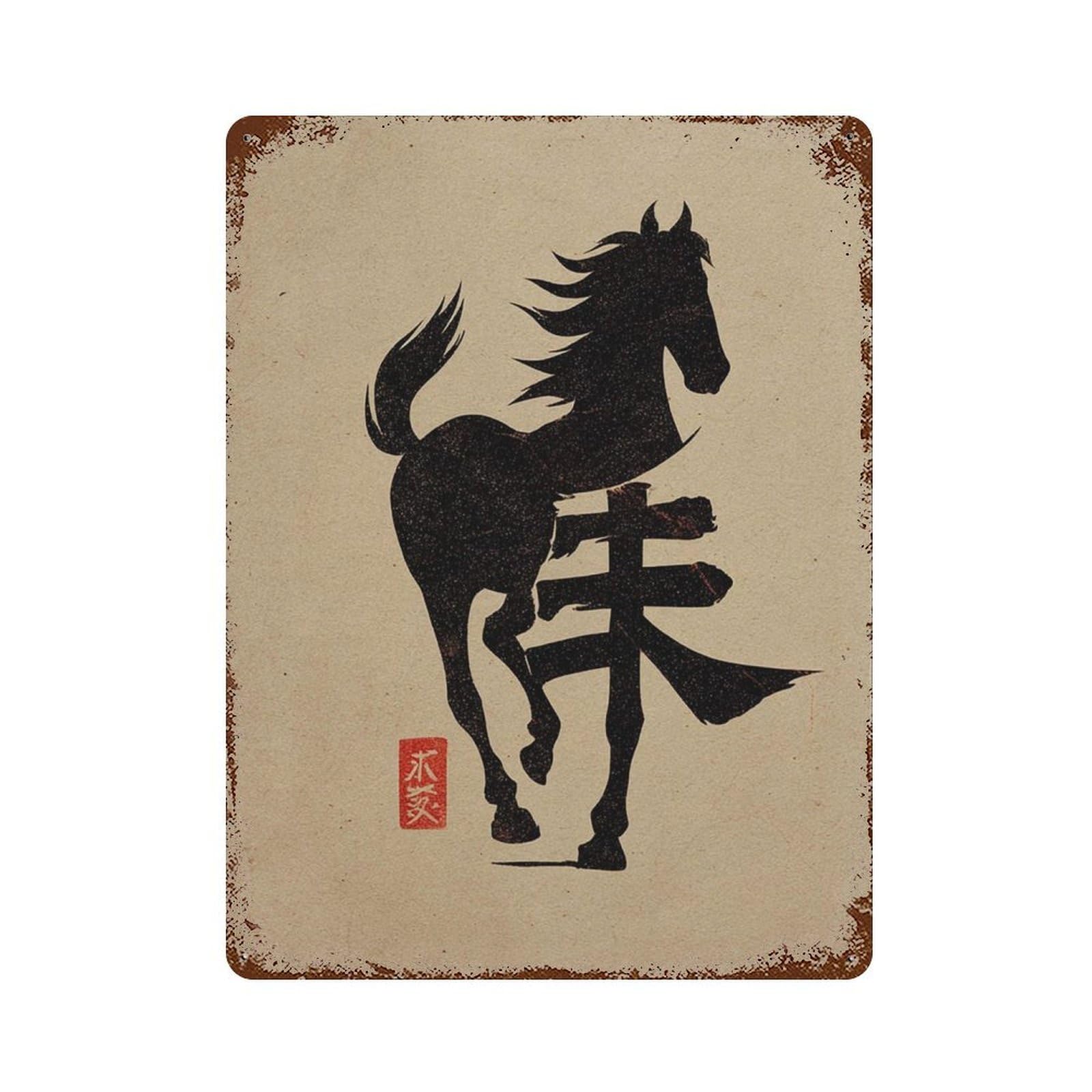 xiaoxiaoshen Horse Japanese Calligraphy Asian Ink Painting Traditional Oriental Animal Work Wall Decor Art Metal Tin Poster Modern Home Decor Art Home Bar Shop Decorations Vintage Sign 40x30cm