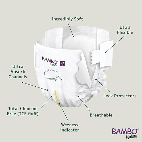 Miniatura 5 de Bambo Nature Pañales hipoalergénicos para bebé, pañales con etiqueta ecológica, protección mejorada contra fugas, totalmente libres de cloro,