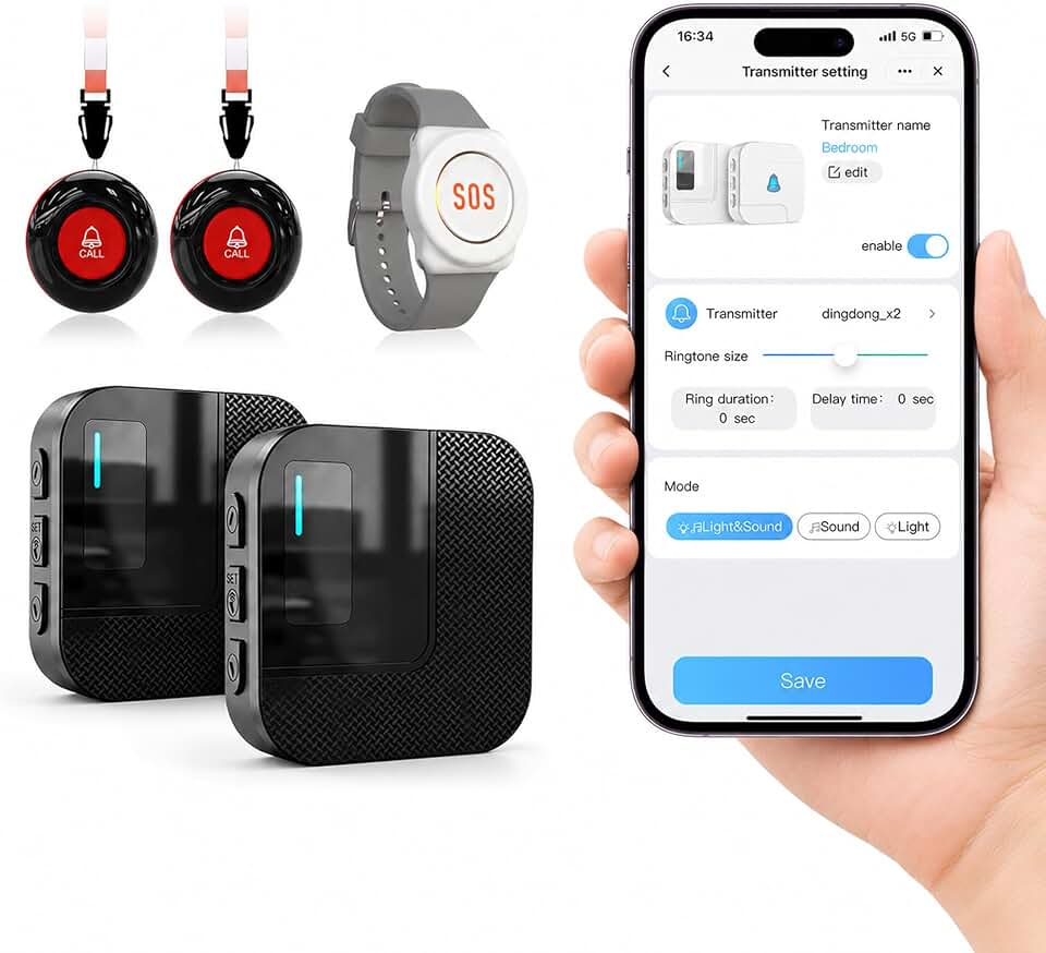 SanJie Sistema de Alerta de Pager Sem Fio Wi-Fi Cuidadores - Botão de Emergência para Idosos/Pessoas com Deficiência/Pacientes, 2 Botões de Chamada + 1 Relógio + 2 Receptores, Somente Wi-Fi de 2,4 Ghz