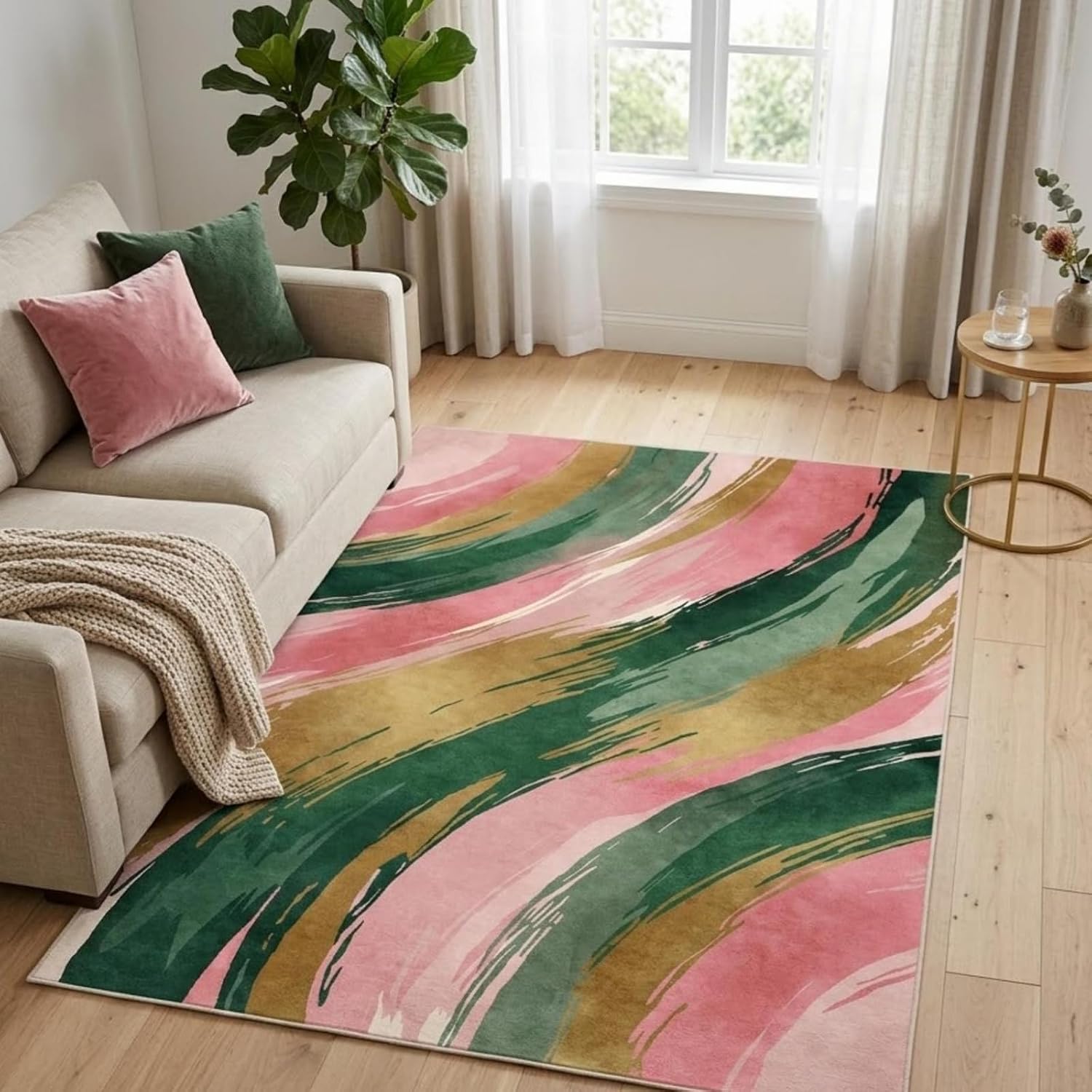 3x5 Pink and Green Area Rug, Modern Abstract Brushstroke Design