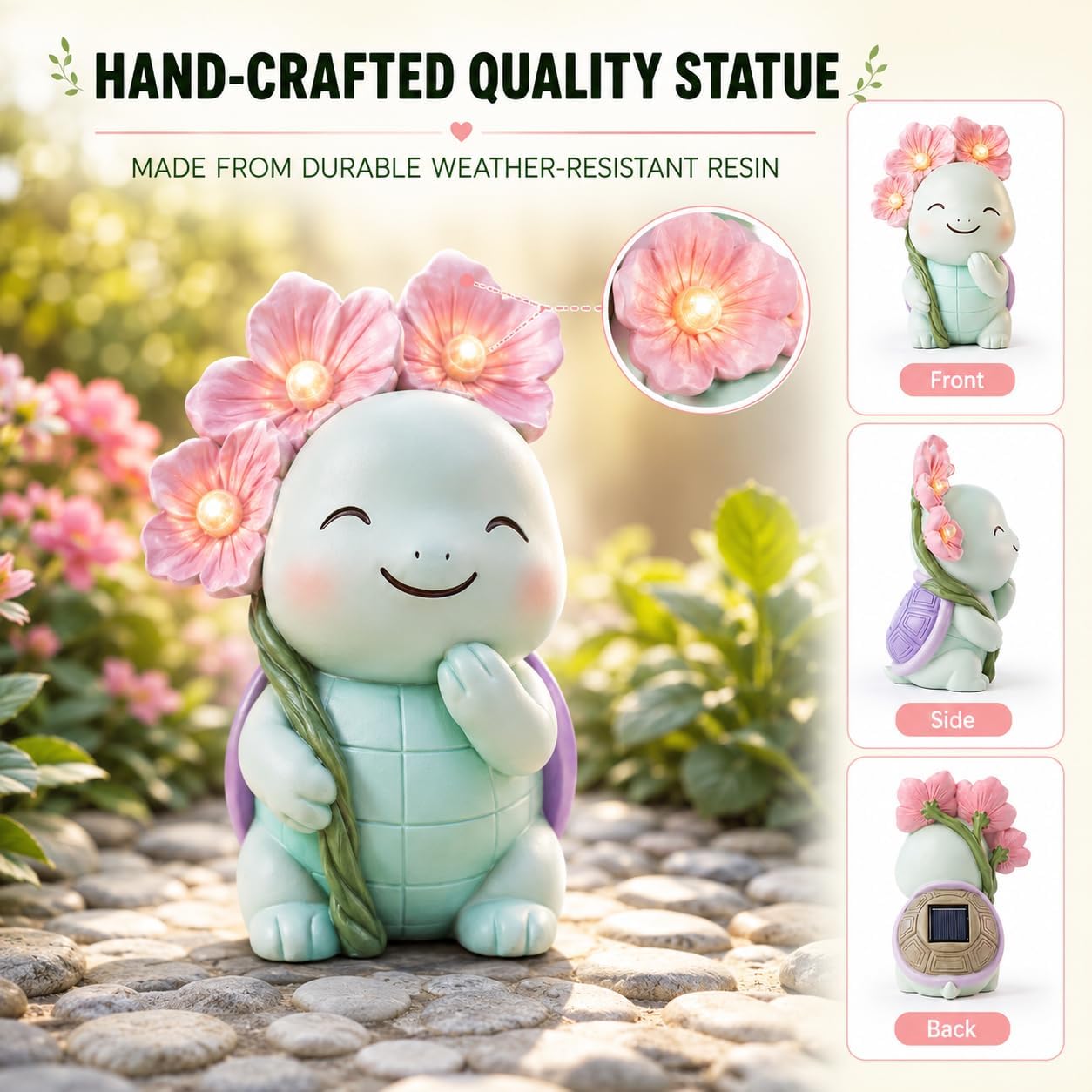 GLO-X Solar Turtle Garden Statue – 9" Turtle Decor Statue with Light-Up Flowers, Solar Powered Garden Figurine for Outdoor Gardens, Lawn & Patio, Garden Gift for Mom & Grandma image 4