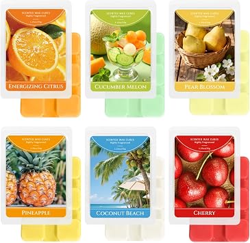SCENTORINI Wax Melts, Scented Wax Cubes for Wax Warmers, Summer Scent | Coconut Beach, Pear Blossom, Cherry, Cucumber Melon, Pineapple, Energizing Citrus, Home Fragrance Gift Set, 6 Pack