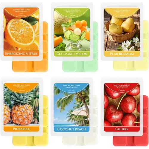 SCENTORINI Wax Melts, Scented Wax Cubes for Wax Warmers, Summer Scent Wax Melts, Coconut Beach, Pear Blossom, Cherry, Cucumber Melon, Pineapple, Energizing Citrus, 6 Pack