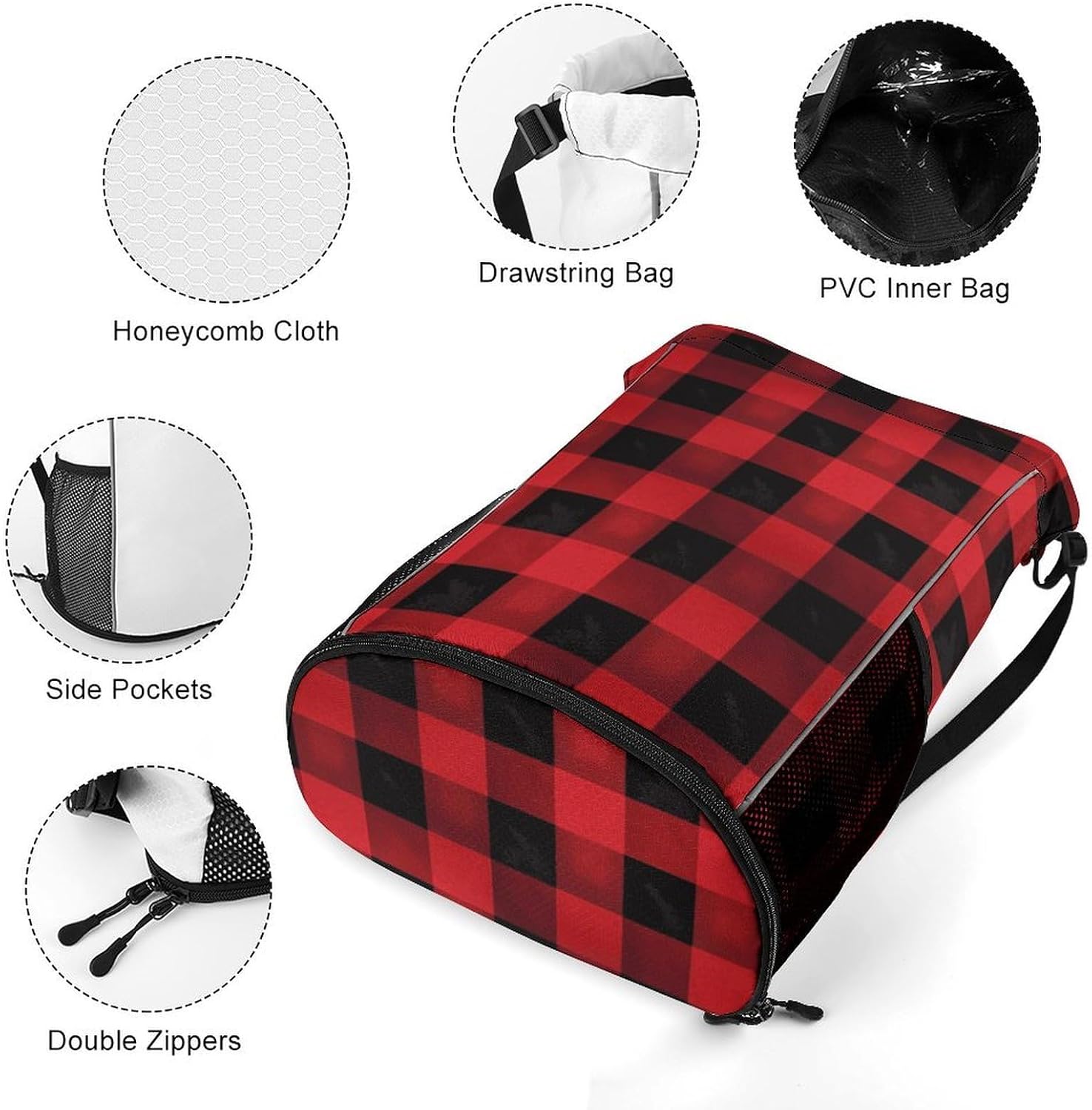 Red Black Buffalo Check Plaid Pattern Drawstring Backpack with Wet Pocket - Large Capacity Gym Bag with Shoe Compartment & Mesh Pockets, Adjustable Lightweight Gym Backpack for Swimming, Travel, Worko