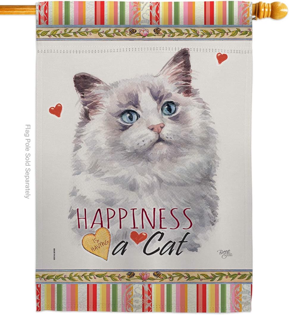 Bicolor Ragdoll Happiness House Flag Animals Cat Kitten Meow Spoiled Paw Fur Pet Nature Farm Animal Creature Small Decorative Gift Yard Banner Made In USA 28 X 40