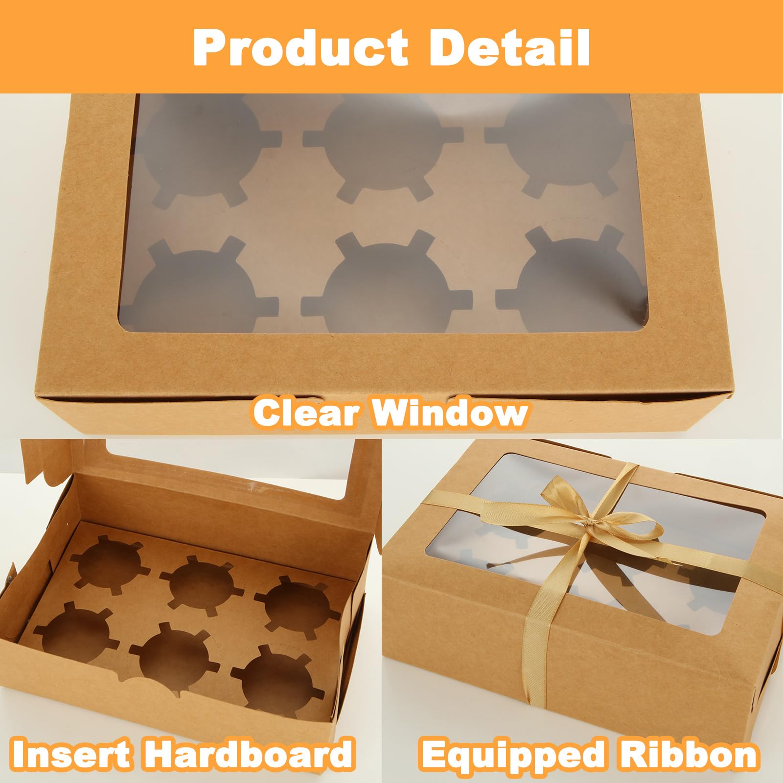 ZOFUN 50 Pack Kraft Cupcake Boxes 6 Hole, 24 x 16 x 7.5cm Cup Cakes Boxes with 2 Rolls Ribbon - Image 4