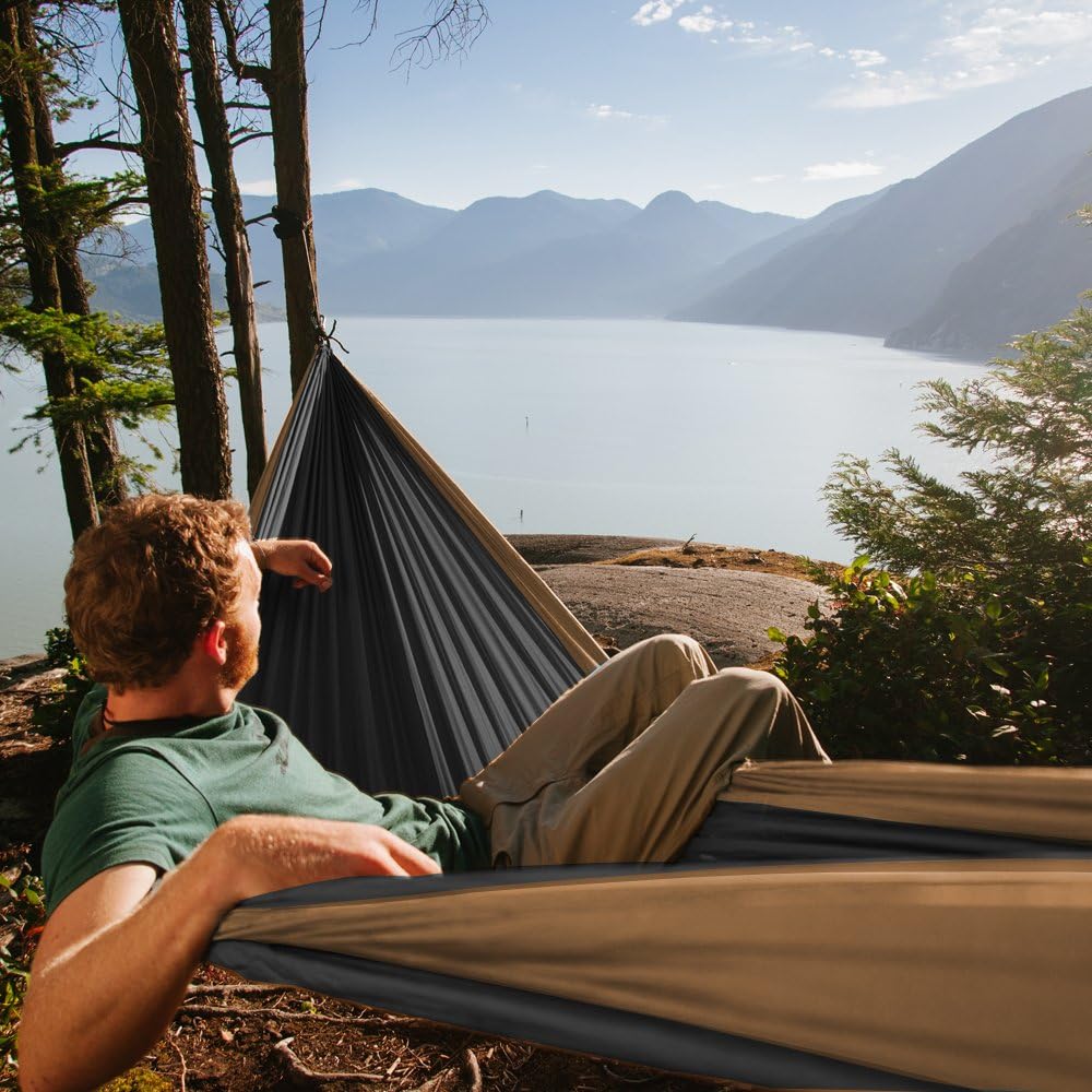 Fox Outfitters Neolite Single Camping Hammock - Lightweight Portable Nylon Parachute Hammock for Backpacking, Travel, Beach, Yard. Hammock Straps & Steel Carabiners Included
