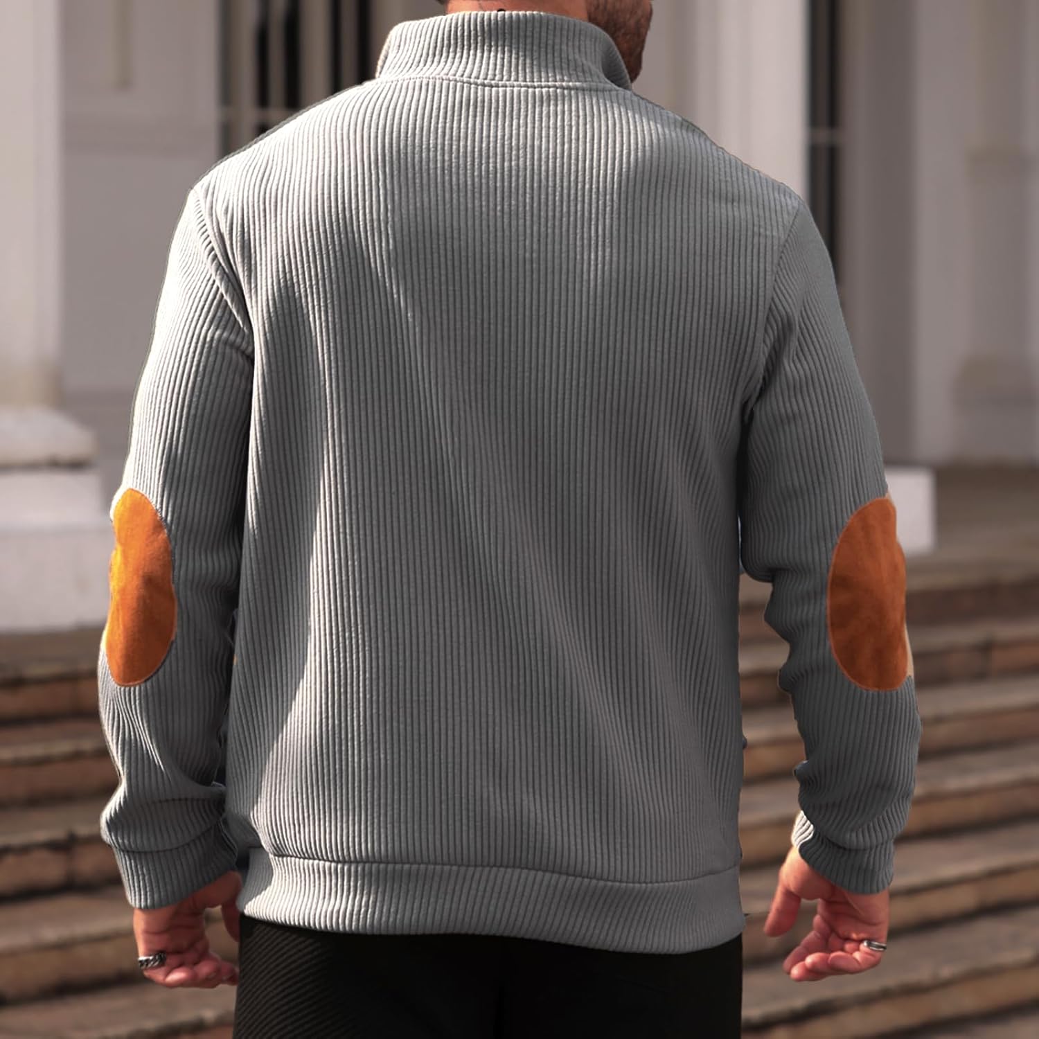 Men's Quilted Sweatshirt Casual Corduroy Quarter Button Up Pullover Long Sleeve Stand Collar Polo - Image 5