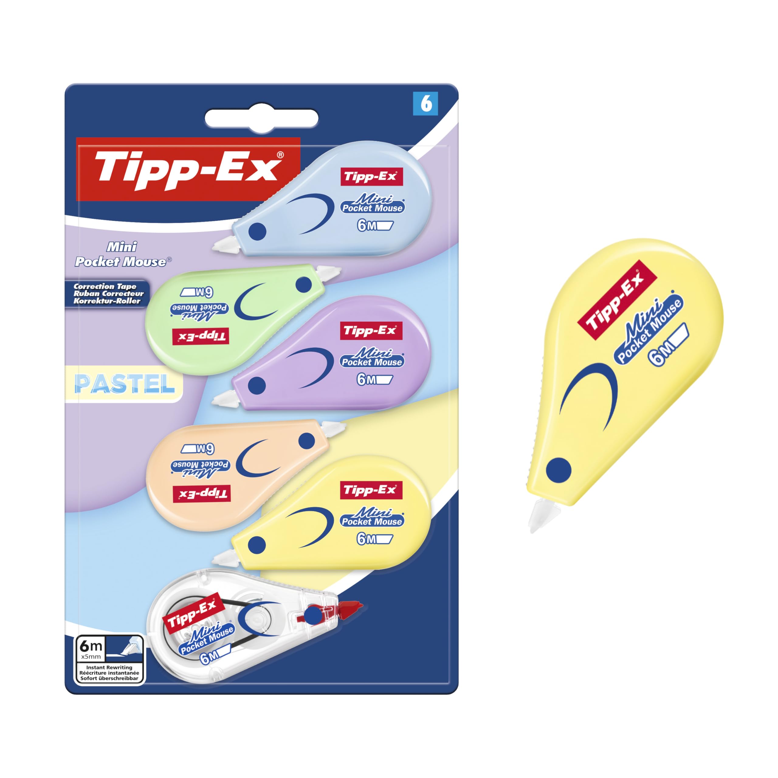 TIPP-Ex Mini Pocket Mouse Correction Tapes Pastel (6 m x 5 mm) - 5 Pastel and 1 Clear Dispenser Colours, Pack of 6