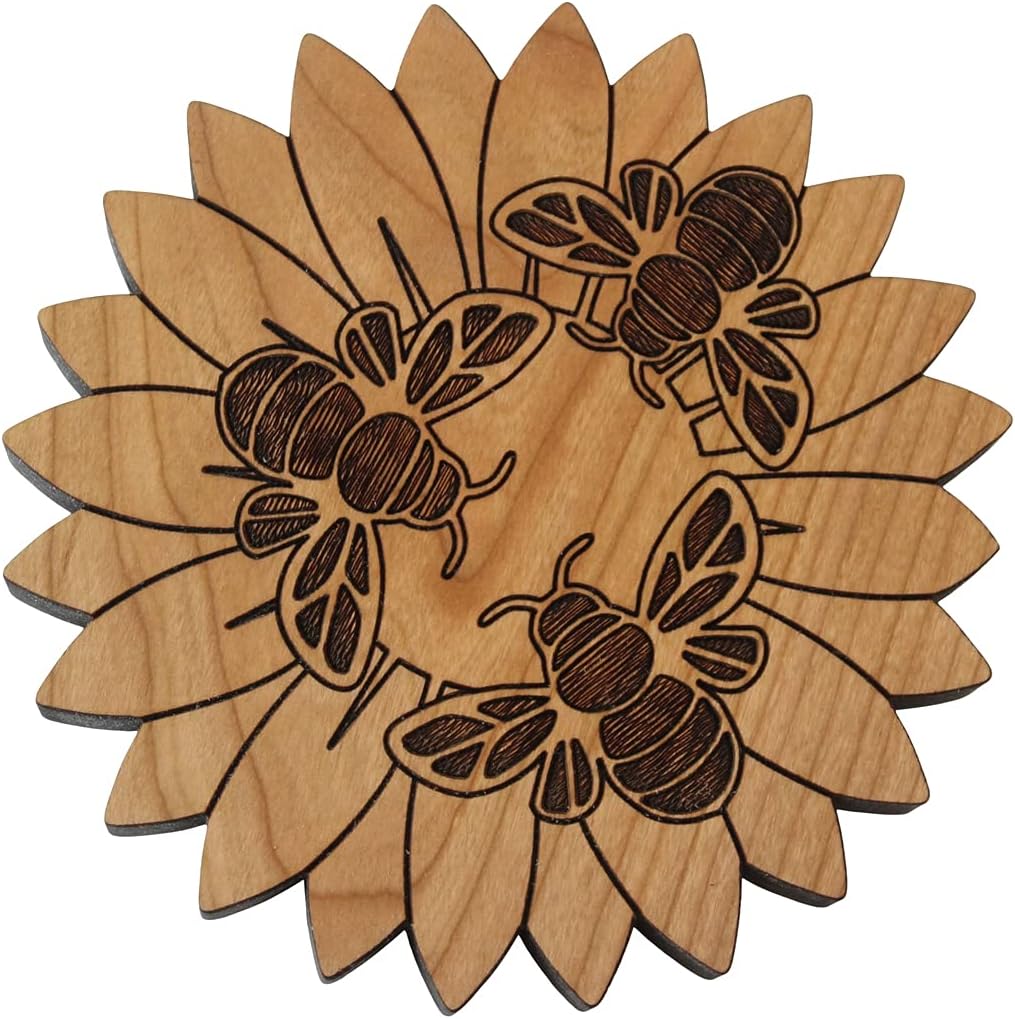 2 X Honey Bees on a Flower Trivets- Hand Crafted in The USA from Solid Cherry Hardwood (Trivet Combo Pack -1 x 6 & 1 x 7.5)