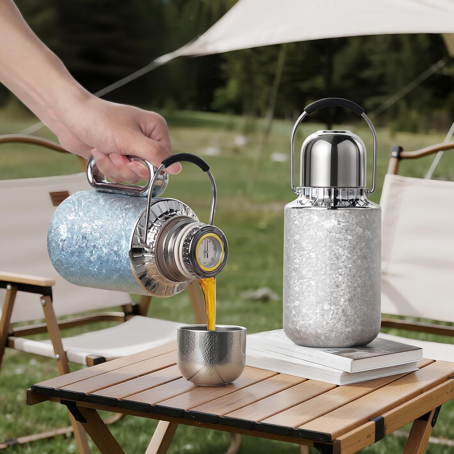 Titanium Thermos 800ml, Pure Titanium Vacuum Insulated Water Bottle with Handle & Carry Strap, Mechanical Temperature Display Lid, Lightweight Flask for Camping, Hiking & Outdoor (Silver)