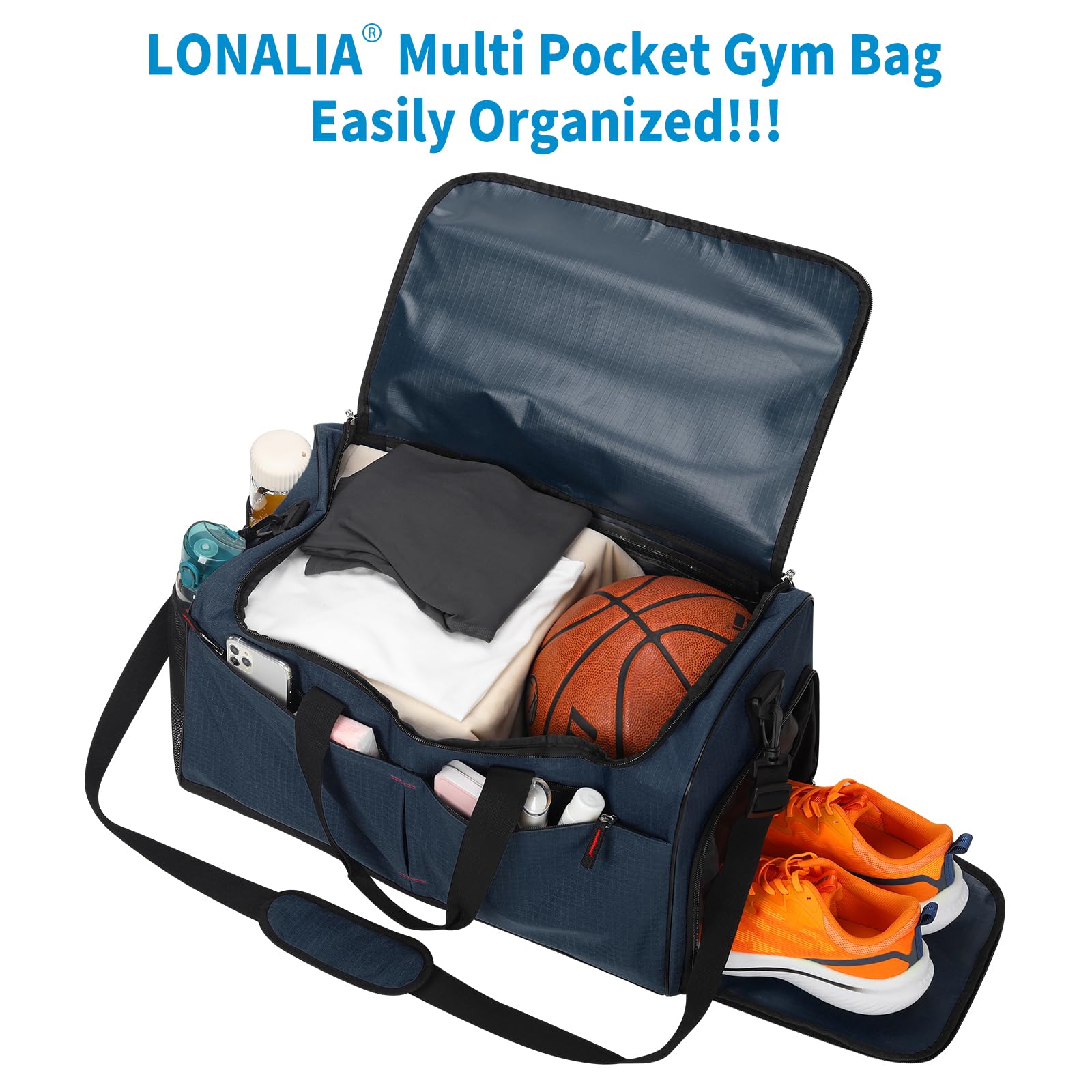 Borsa sportiva da 55 l e borsa da viaggio da uomo grande, Blu mare, Sporttasche 21 Zoll, LONALIA 55L Borsa sportiva da viaggio con scomparto per scarpe