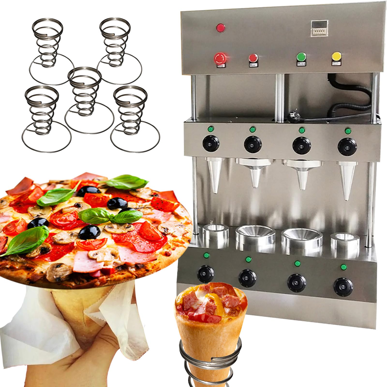 TXMACHINE® Pizza cone machine 4 cone maker with pizza oven,display warmer,pizza cone making machine,4 shapes (2 cone+2 umbrella maker, 110V/60HZ)