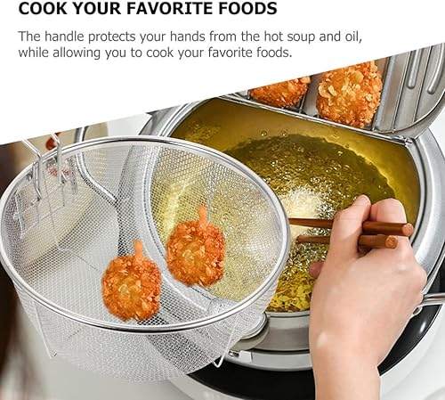 Miniatura 7 de Cesta redonda para freír acero inoxidable: soporte para papas fritas, mesa de alimentos fritos, filtración de residuos de aceite para cocina,