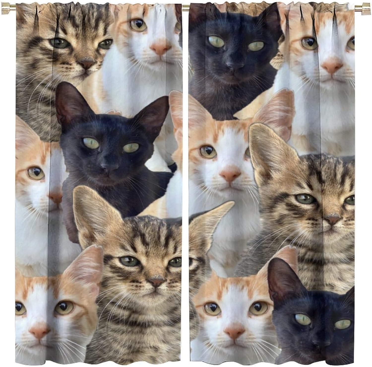 Cat Curtains - Bedroom & Window, Cute Kitten Avatar Pattern - White, Black, Funny Cat Lovers - W42 x L45 Inch