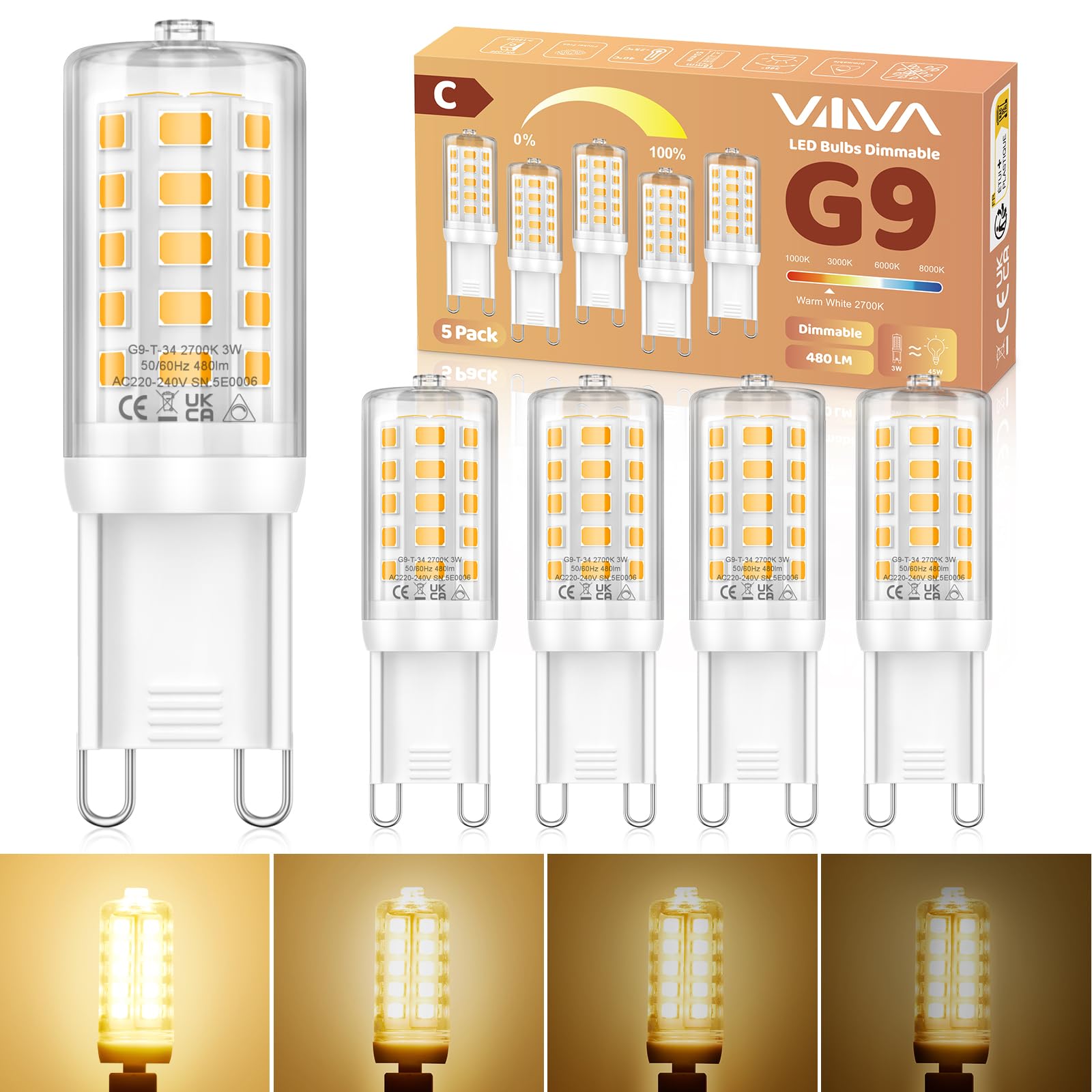 G9 LED Lampe Warmweiß Dimmbar 2700K 3W LED Leuchtmittel Ersatz 45W Halogen