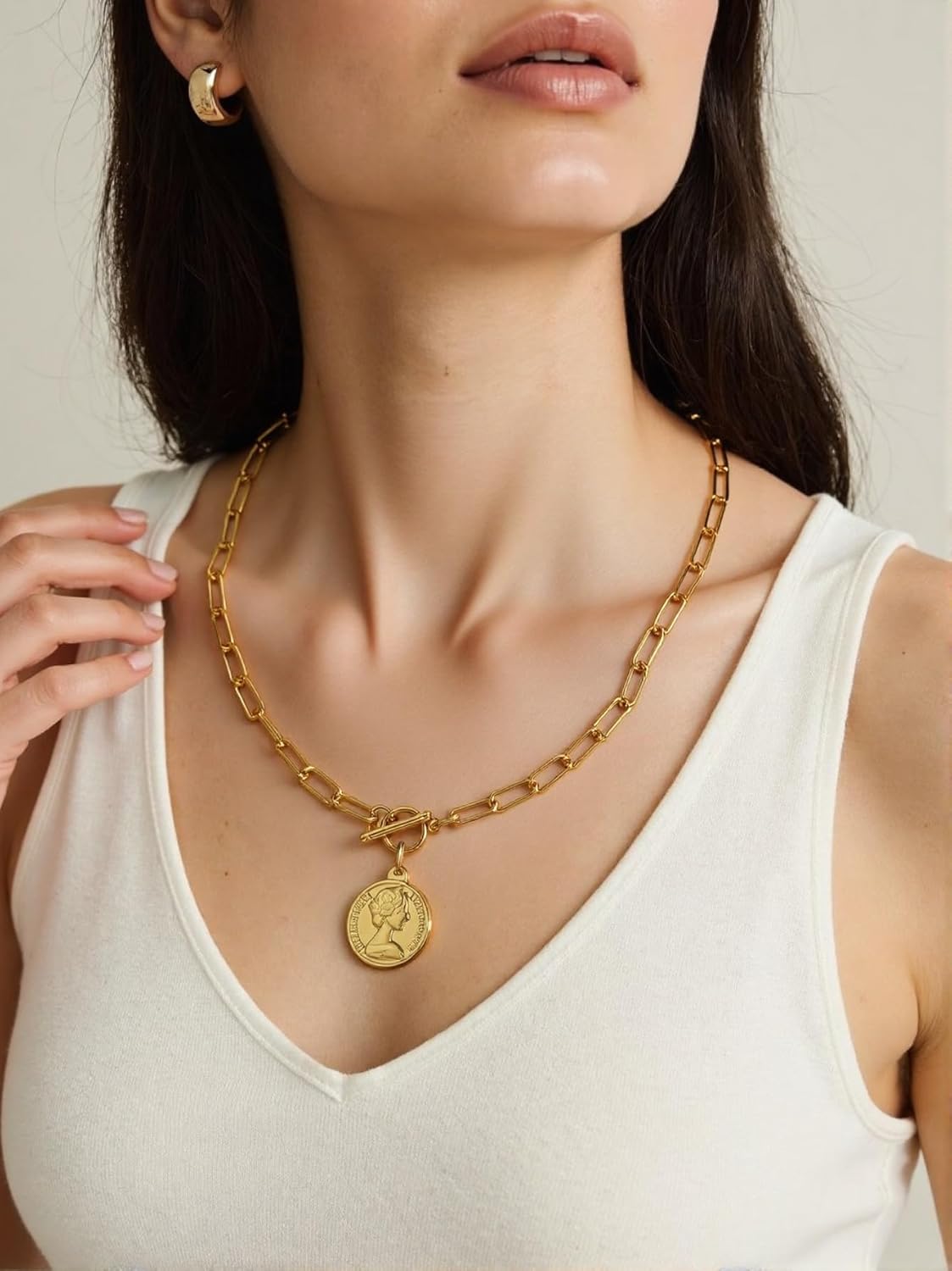 Yellow Gold Coin Toggle Necklace - 925 Sterling Silver Toggle Necklace for Women - Toggle Necklaces Women - Minimalist Toggle Choker Necklace with Chain - Image 2