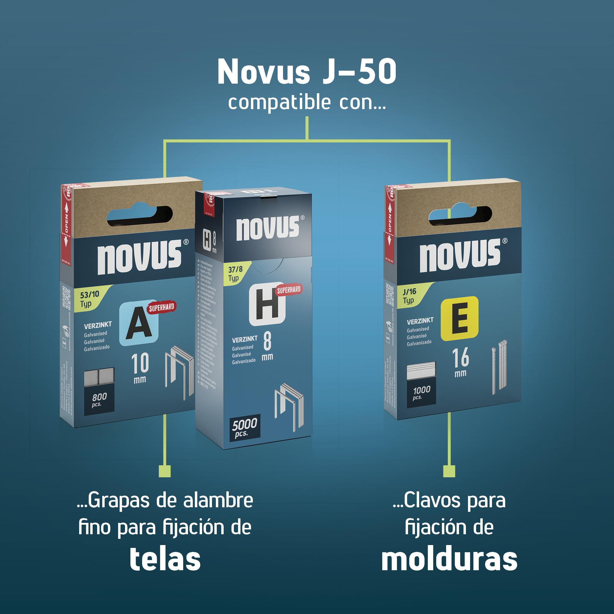 NOVUS TOOLS Grapadora manual J-50 con 1800 grapas, grapadora profesional para madera con carcasa de aluminio, ajuste de fuerza de impacto, tope de distancia para grapas de alambre fino de 6-14 mm