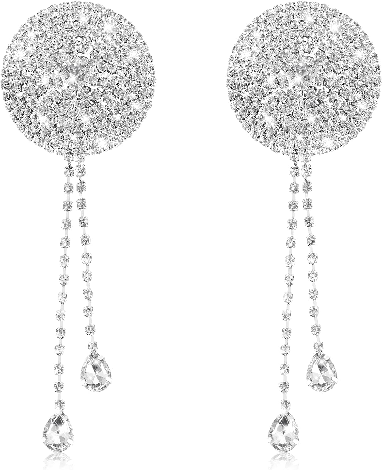 Larrel 2PCS Rhinestone Tassel Nipple, Rhinestone Nipple Cover Sticker, Water Drop Tassel Nipple-Pasties, Crystal Chest Nipple-Stickers for Women, Pasties Bra, Silver Breast Pads