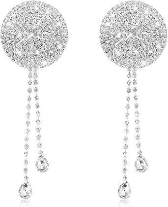Larrel 2PCS Rhinestone Tassel Nipple, Rhinestone Nipple Cover Sticker, Water Drop Tassel Nipple-Pasties, Crystal Chest Nipple-Stickers for Women, Pasties Bra, Silver Breast Pads