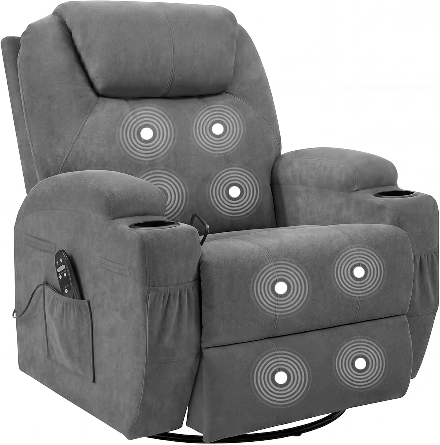 JUMMICO Small Swivel Rocker Recliner, 360 Rocking Chair Recliner with Massage, Upholstered Fabric Rocker Recliner with Cup Holder for Living Room, Bedroom, Nursery (Gray)