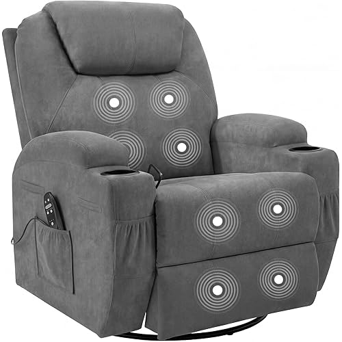 JUMMICO Small Swivel Rocker Recliner, 360 Rocking Chair Recliner with Massage, Upholstered Fabric Rocker Recliner with Cup Holder for Living Room, Bedroom, Nursery (Gray)