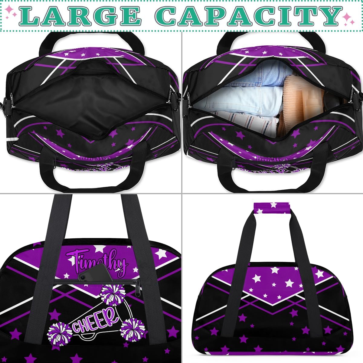 Personalized Cheer Bag Girl Sport Duffel Bag, Custom Kids Gym Bag, Customize Travel Duffle Bag with Name, Overnight Weekender Bags,Cheerleading Gift,Purples Black - Image 5