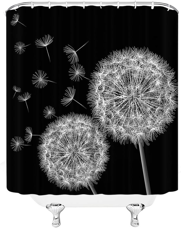 AMFD Dandelion Shower Curtain Black and White Flower Dandelion Seeds Blown Away Cute Monochrome Plant Nature Fabric Bathroom Decor Set Include Hooks,(84" Wx70 H)