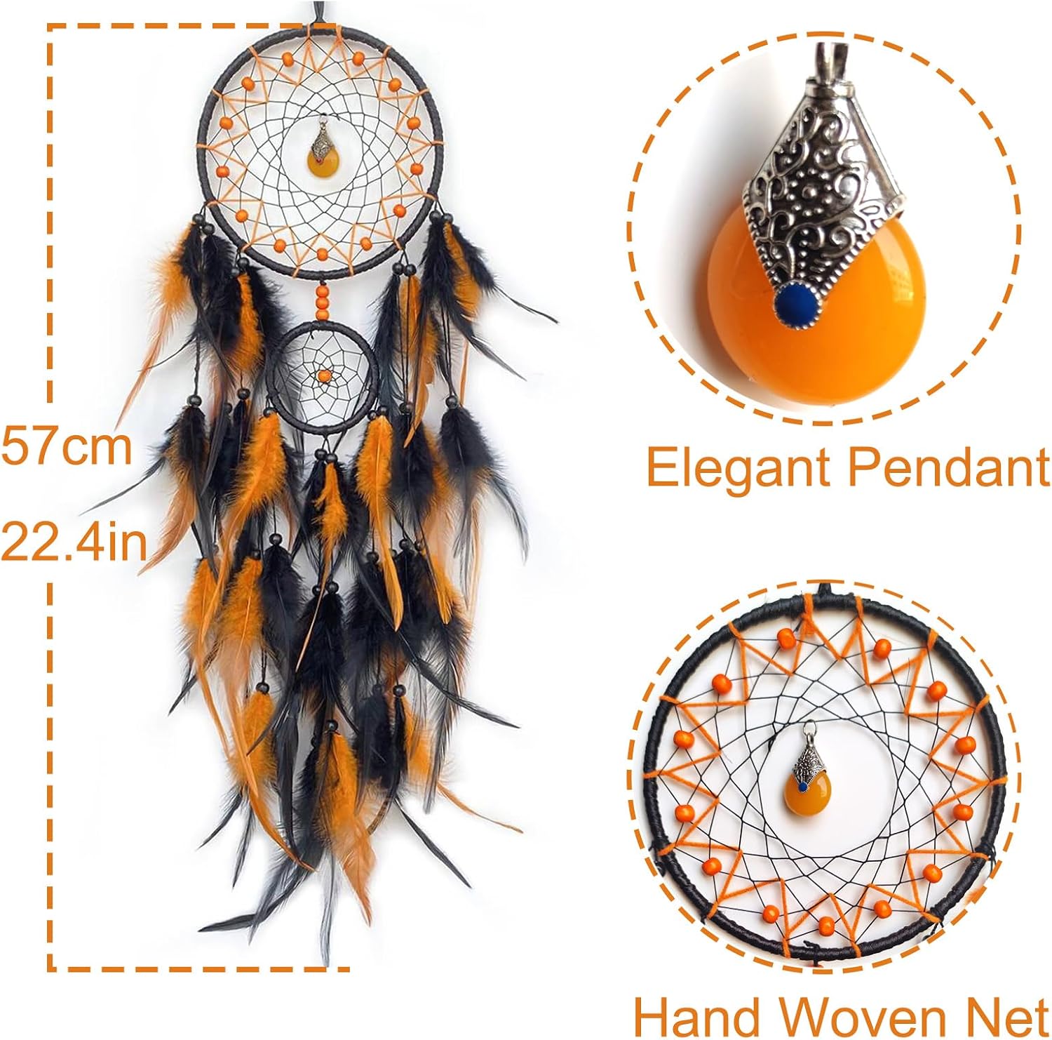 Black and Orange Dream Catcher with Pendant | Handmade, Wall Decor, Wall Hanging Ornament, Bedroom Living Room Home Decor