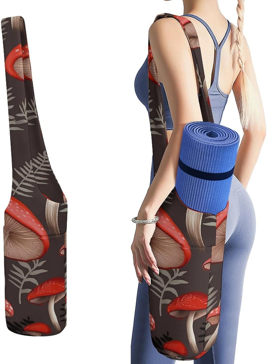 Yoga Mat Carrying Bag,Red Mushrooms Printed Women's Yoga Bag with Multi-Functional Storage Pockets,Large Yoga Mat Bag Fits Most Size Yoga Mats