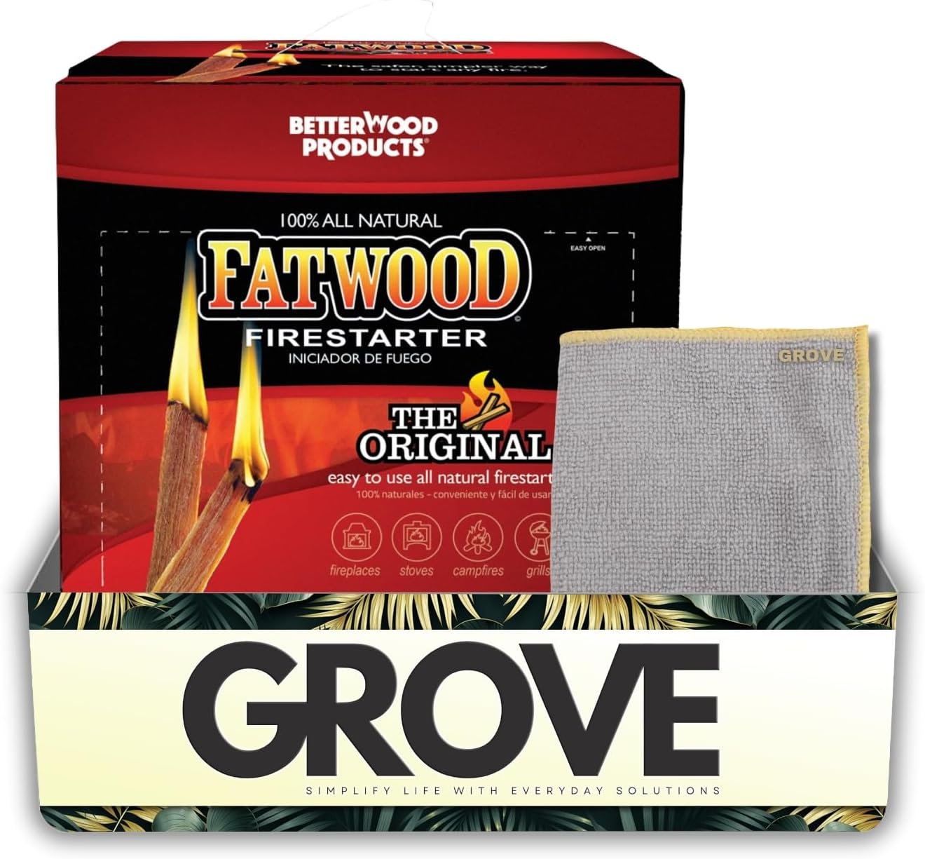 Fire Starter – 15 min Burn Time 0.25 cu ft by Fatwood Bundle with Microfiber Cloth – All-Natural Pine Resin Fire Stick – Easy Ignition & Eco-Sourced Kindling – Gift Set (2 Items)