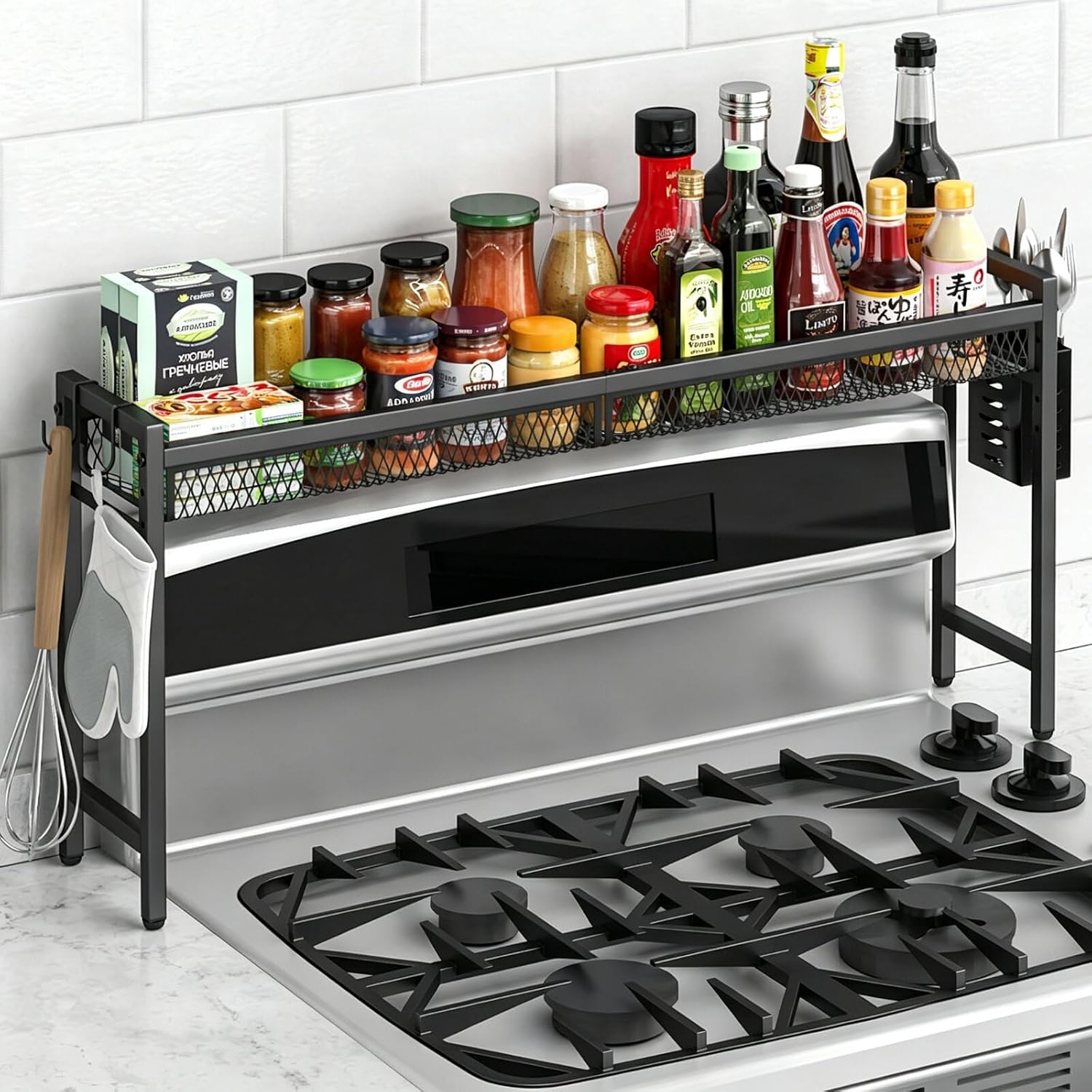33 Inch Stove Top Shelf, 5-Level Height Adjustable, Black