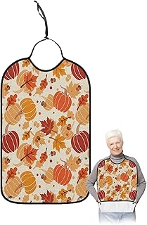 Farm Rustic Pumpkins Adult Bib for Eating with Crumb Catcher,Washable & Waterproof Terry Cloth Adjustable Elderly Women Men Adult Bibs Funny Apron Clothing Protector Thanksgiving Autumn Maple Leaves