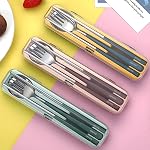 DEVICO Ustensiles de voyage avec étui, 18/8 Argenterie en acier inoxydable pour le déjeuner 4Pcs Ensemble de couverts de voyage réutilisables, fourche et porte-monnaie coréens pour le camping/pique/travail/gadget/école, brun