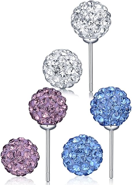 Infinite U 3 Pairs 925 Sterling Silver 8mm White Purple Blue Shamballa Balls Crystal Ear Studs Earring Set for Women/Girls