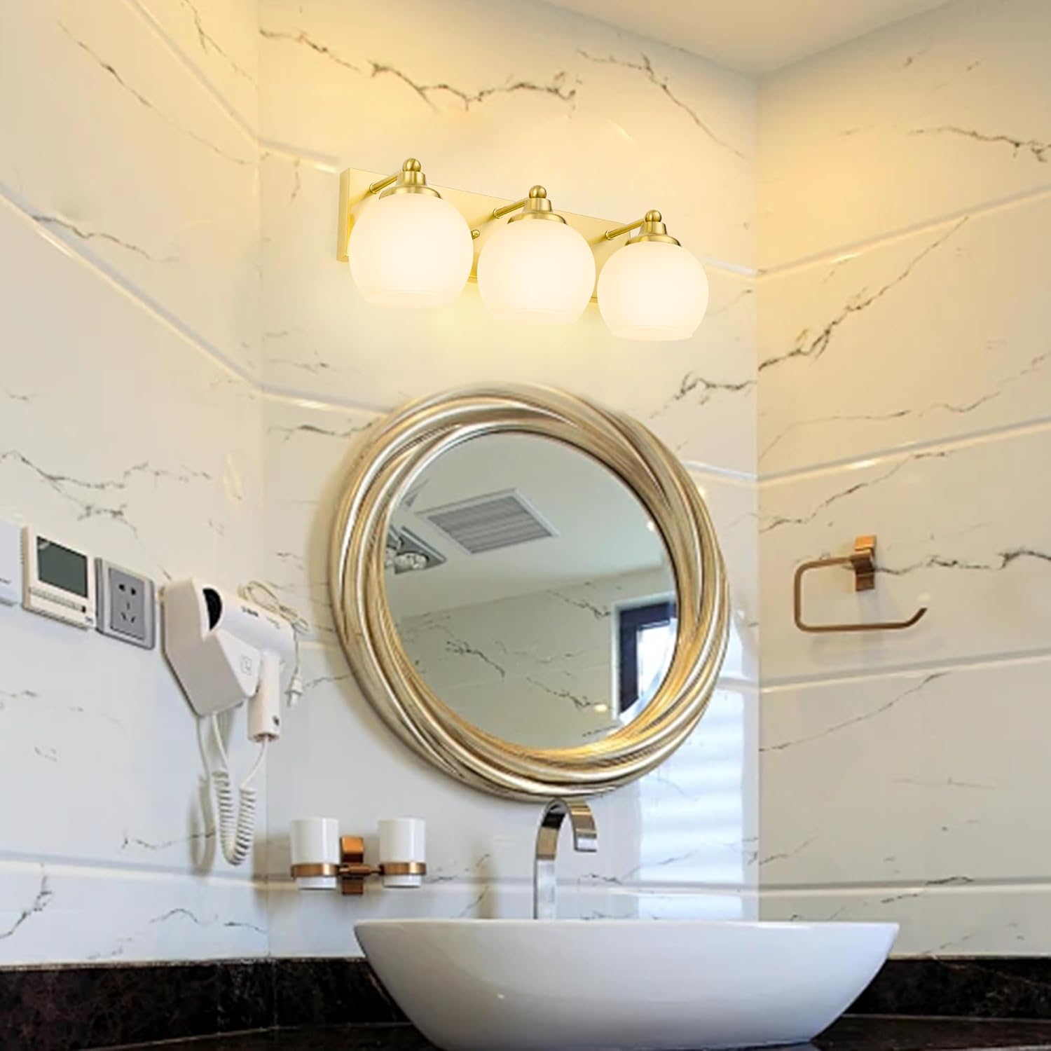 Gold Bathroom Light Fixtures, Vanity Light Over Mirror, Brushed Gold Vanity Lamp with Frosted Globe Glass (Brushed Brass & Frosted Glass)